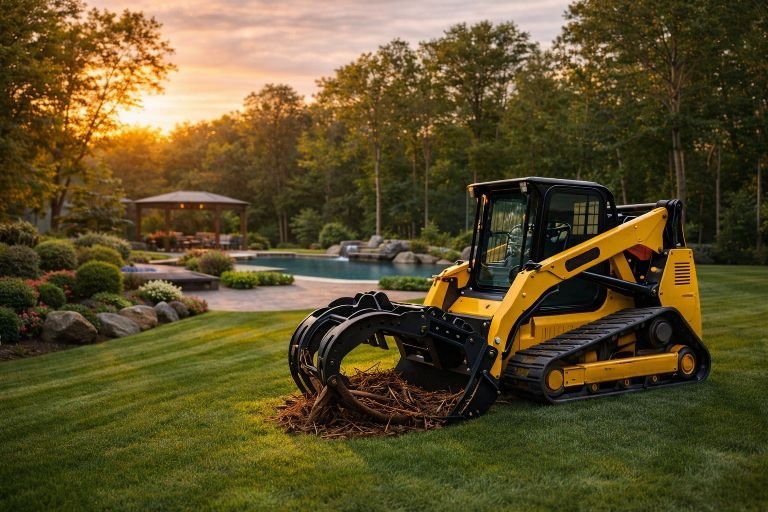 GradeCraft skid steer clearing a luxury NJ property with pool and landscaping at sunset